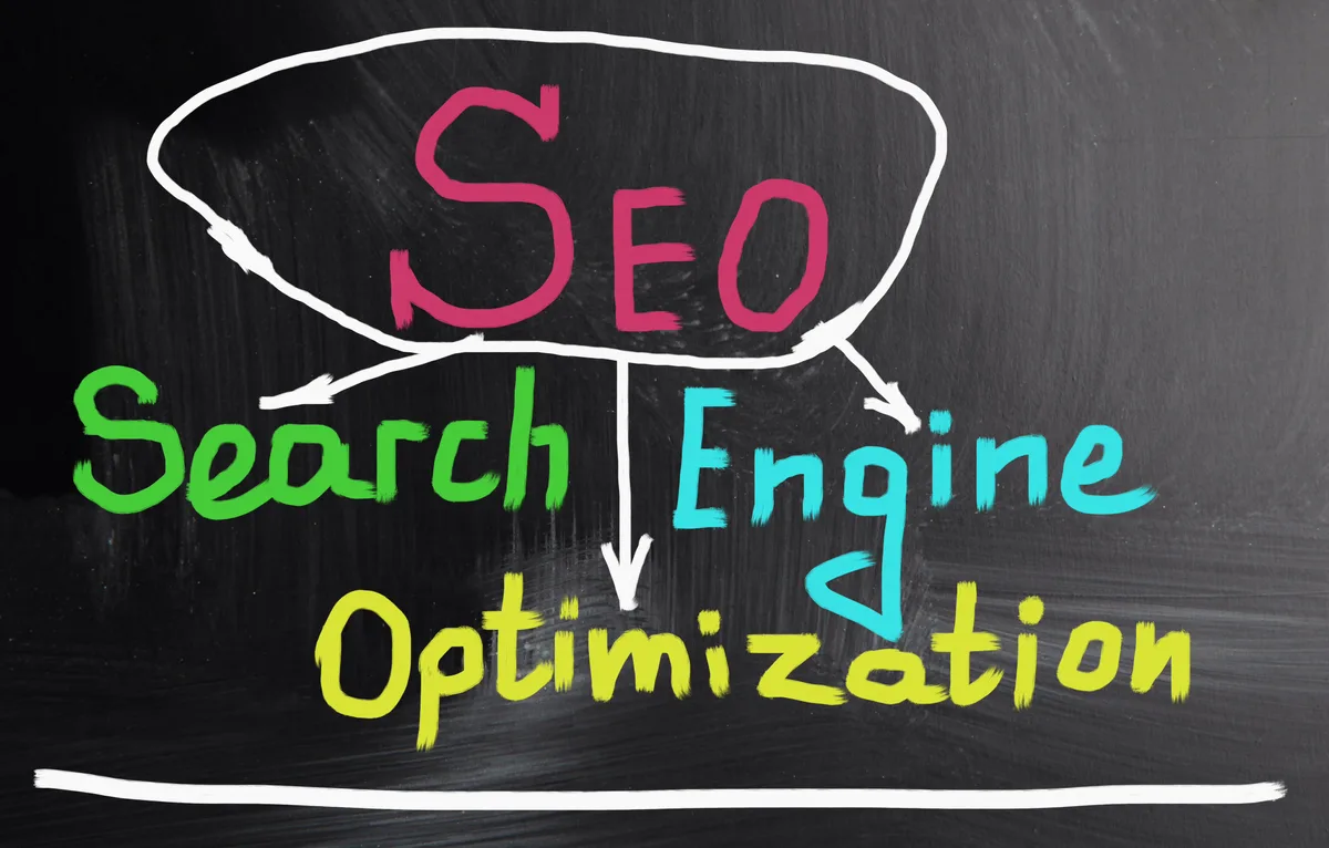 Tableau noir avec le sigle SEO écrit à la craie rose, relié par des flèches aux mots Search Engine Optimization en vert, bleu et jaune