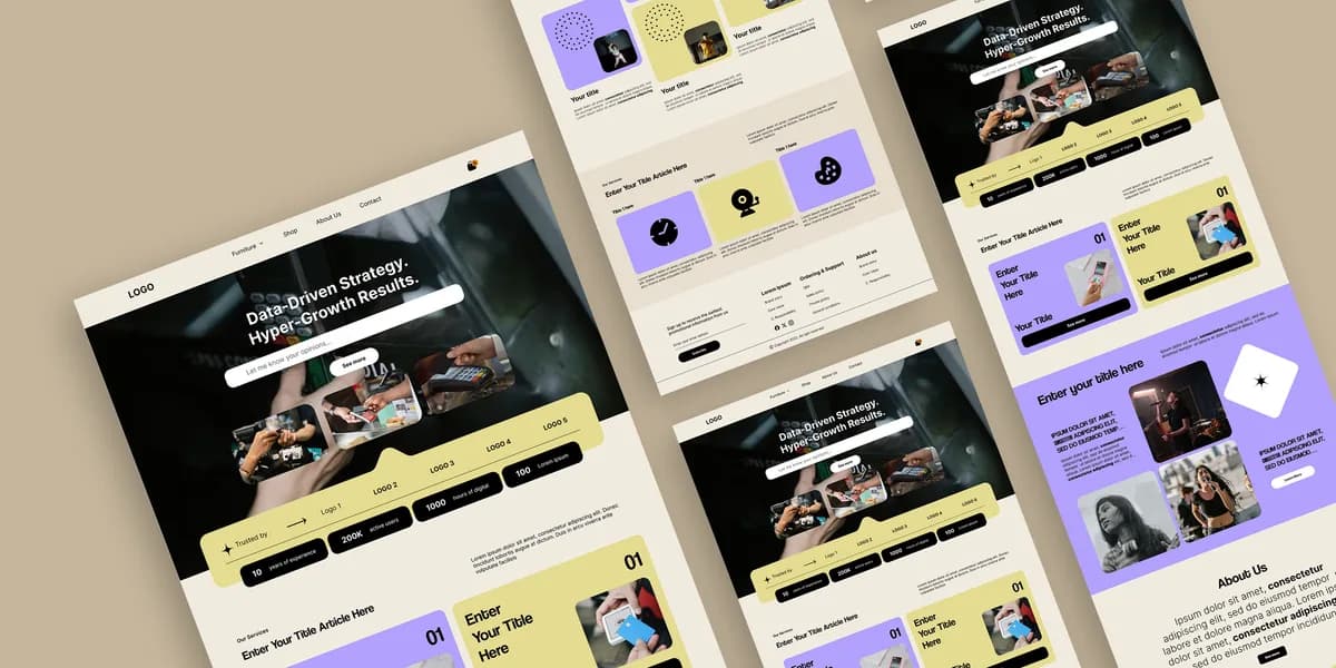 Maquettes d'un site vu en plusieurs écrans inclinés, avec le menu de navigation, le bloc principal en haut de page, les sections services et à propos jusqu'au pied de page