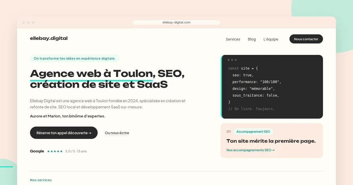 Page d'accueil du site Ellebay Digital affichée dans un navigateur, avec le titre principal, le bouton d'appel et la note Google visibles sans scroller